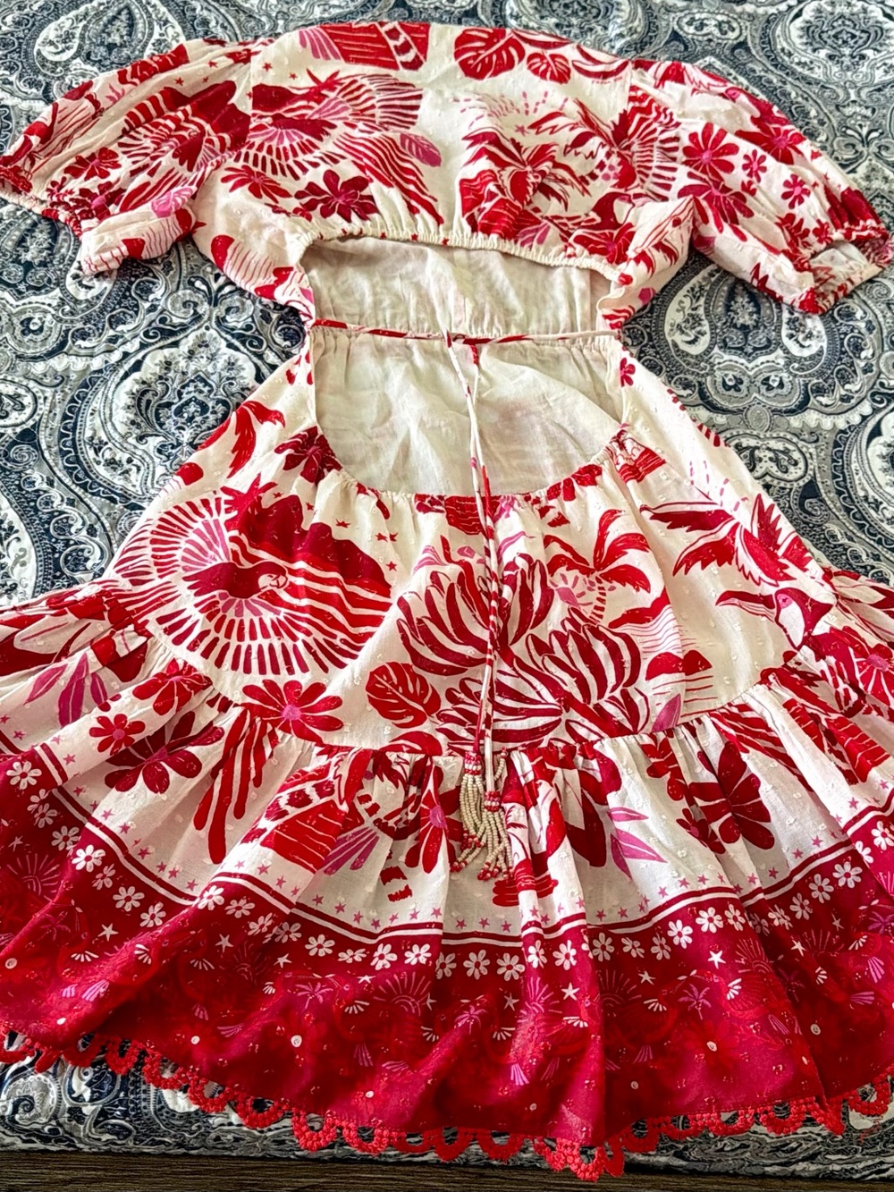 FARM Rio Red Pink Tropical Open Back Puff Sleeve Mini Dress M - Picture 10 of 12